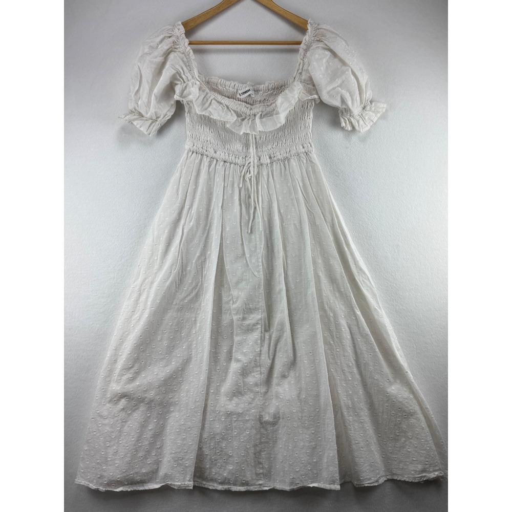 R.Yiposha White Swiss Dot Smocked Midi Dress Womens Medium Puff Slve Cottagecore